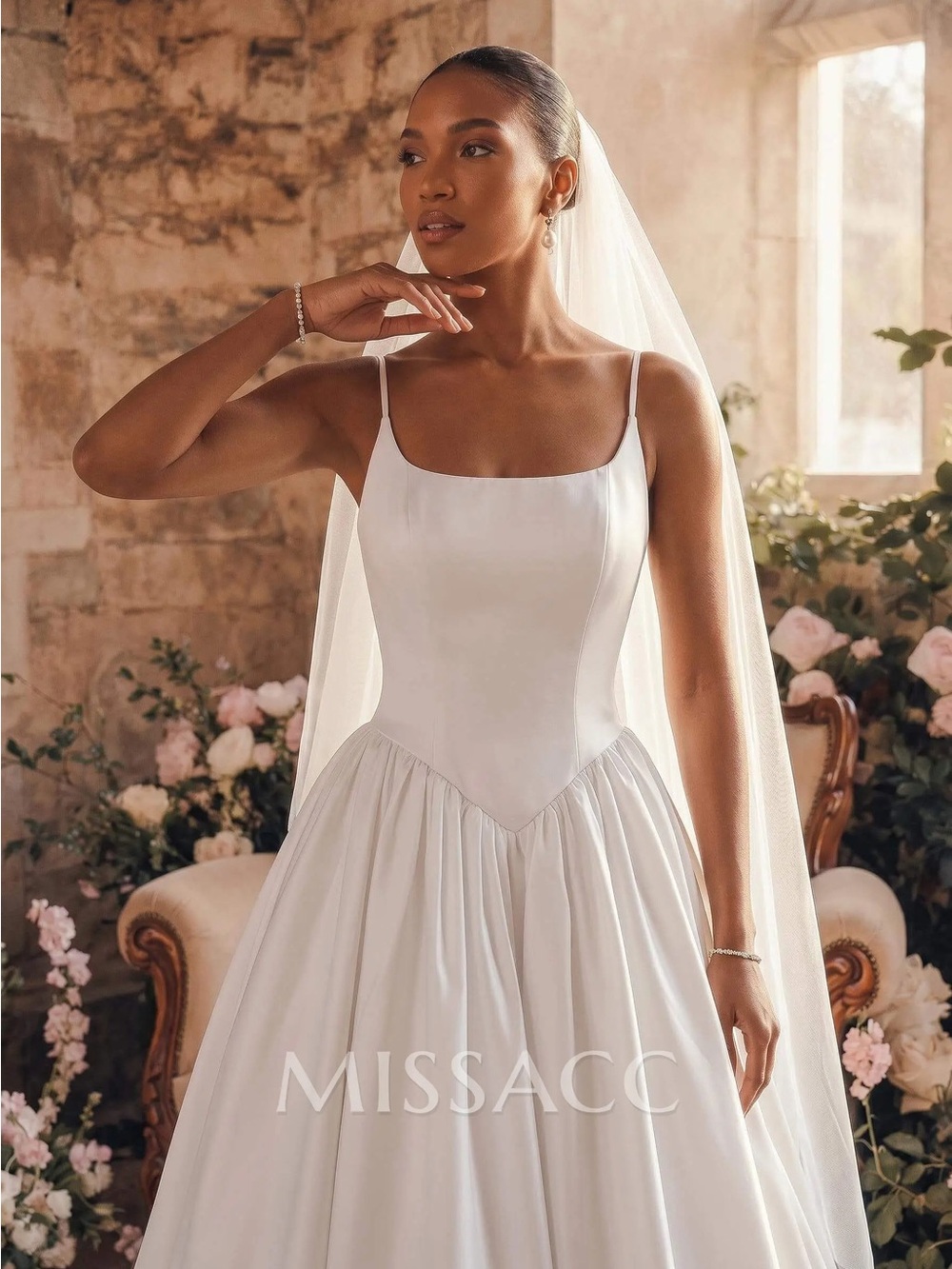 MISSACC Ivory Satin A-Line Spaghetti Strap Wedding Gown